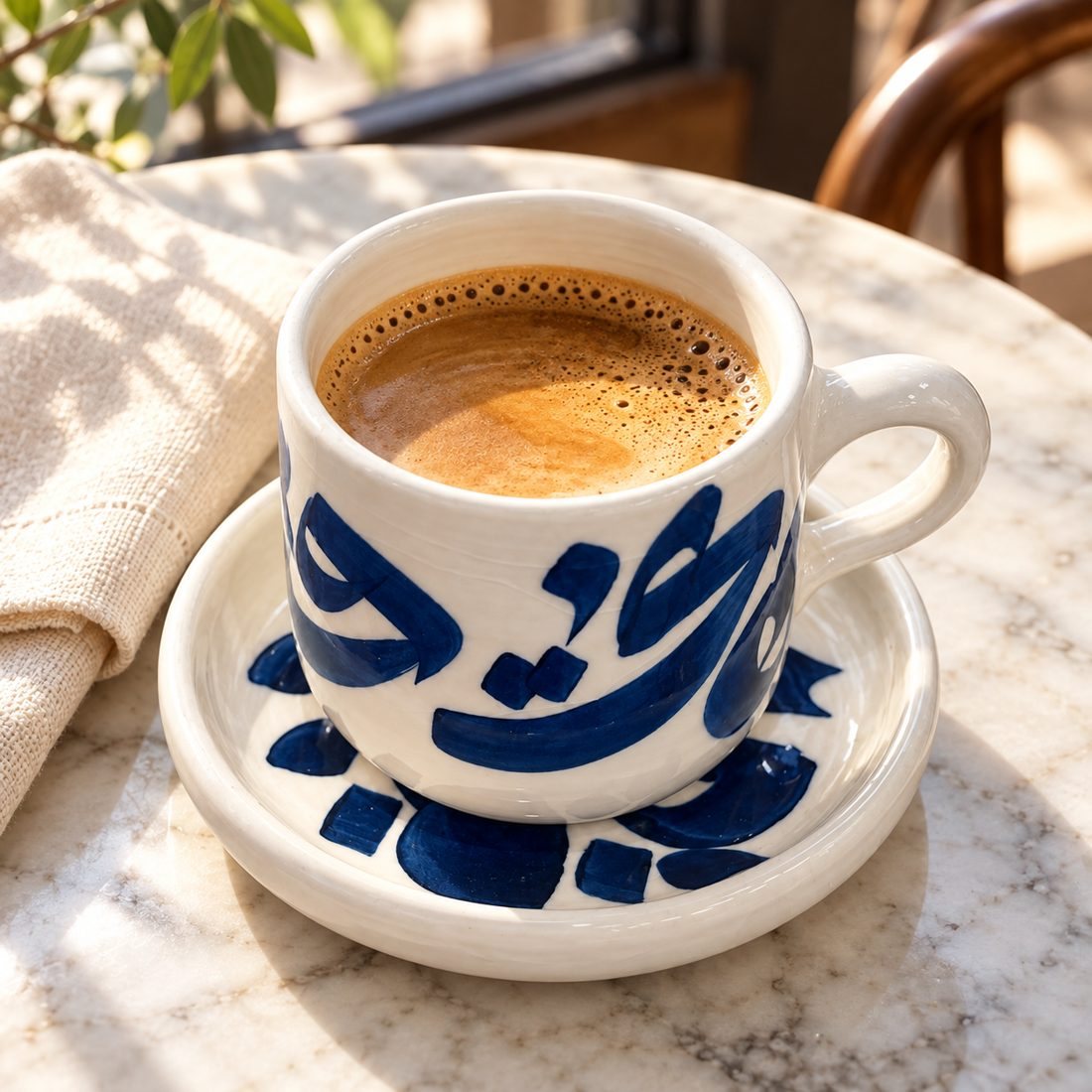 Tasse en céramique à décor calligraphique bleu